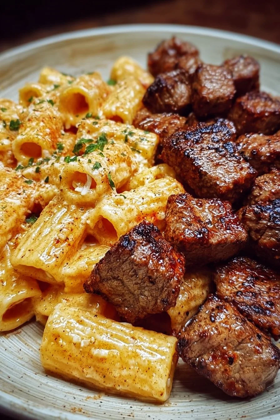 Cajun Steak Tips with Cheesy Rigatoni