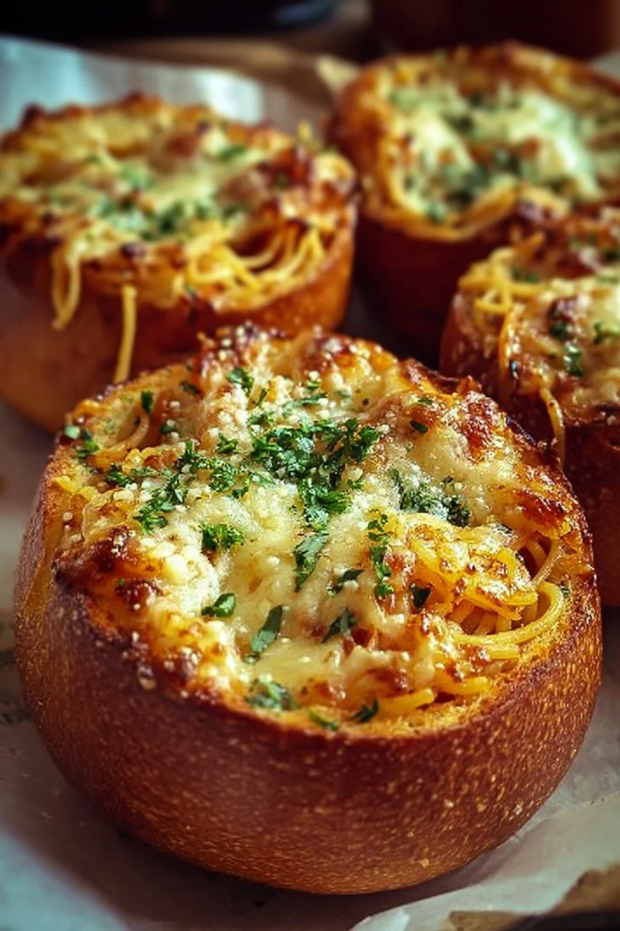 Spaghetti Garlic Bread Bowls