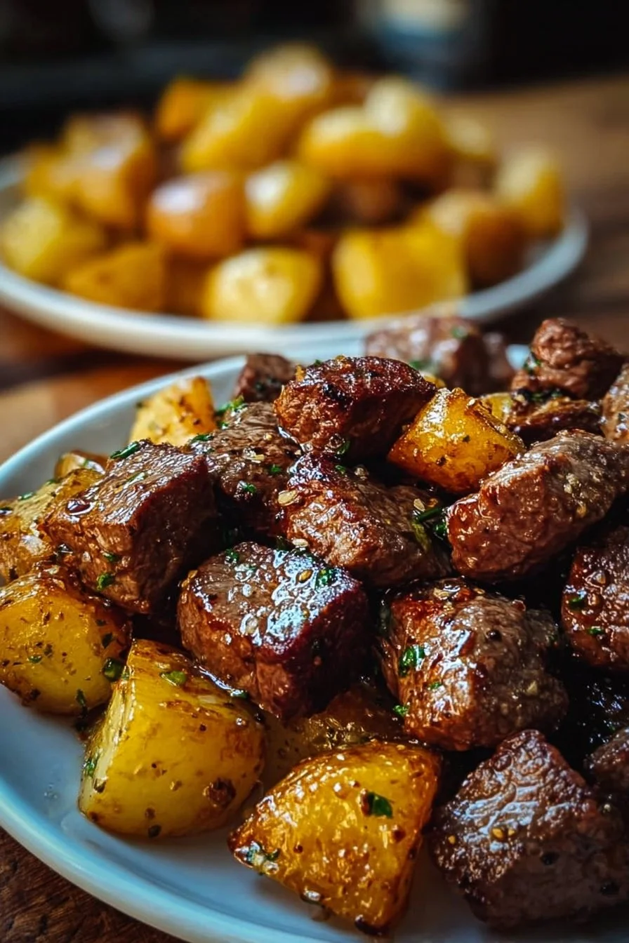 Air Fryer Garlic Butter Steak Bites and Potatoes