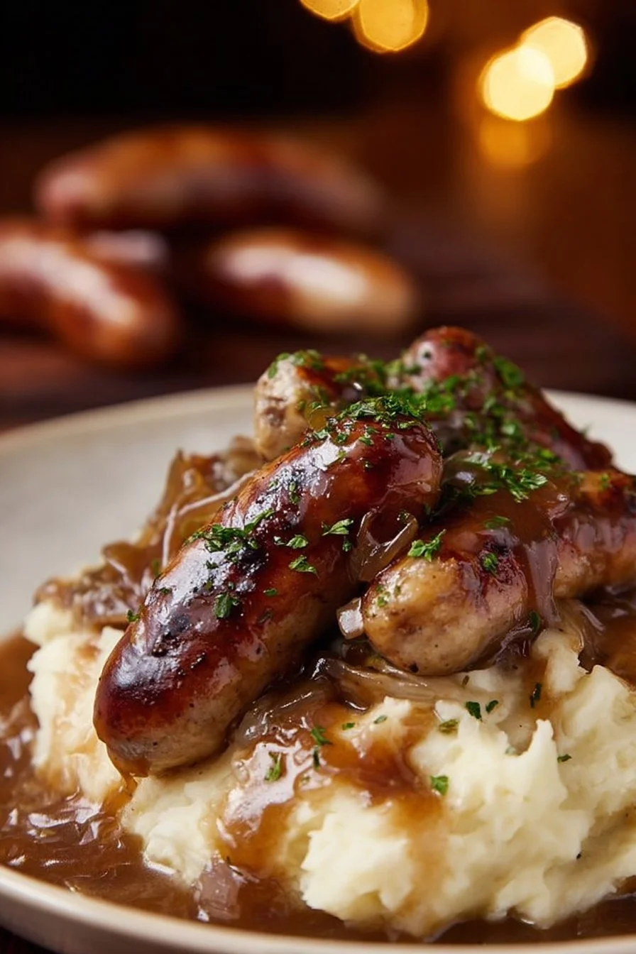 Bangers and Mash with Stout Onion Gravy