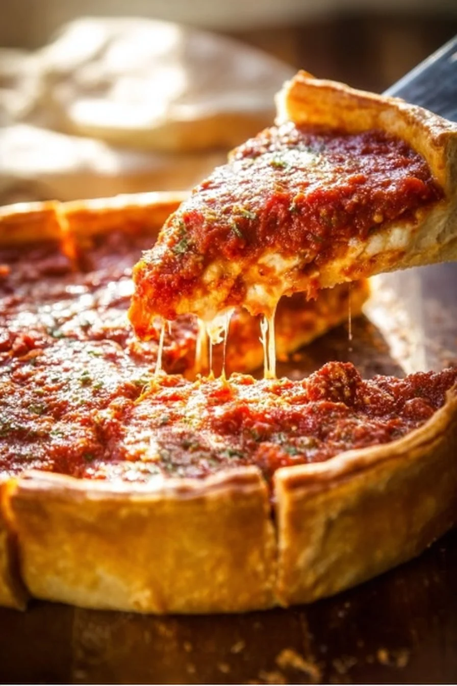 Chicago Style Deep Dish Pizza Recipe from RecipeGirl.com