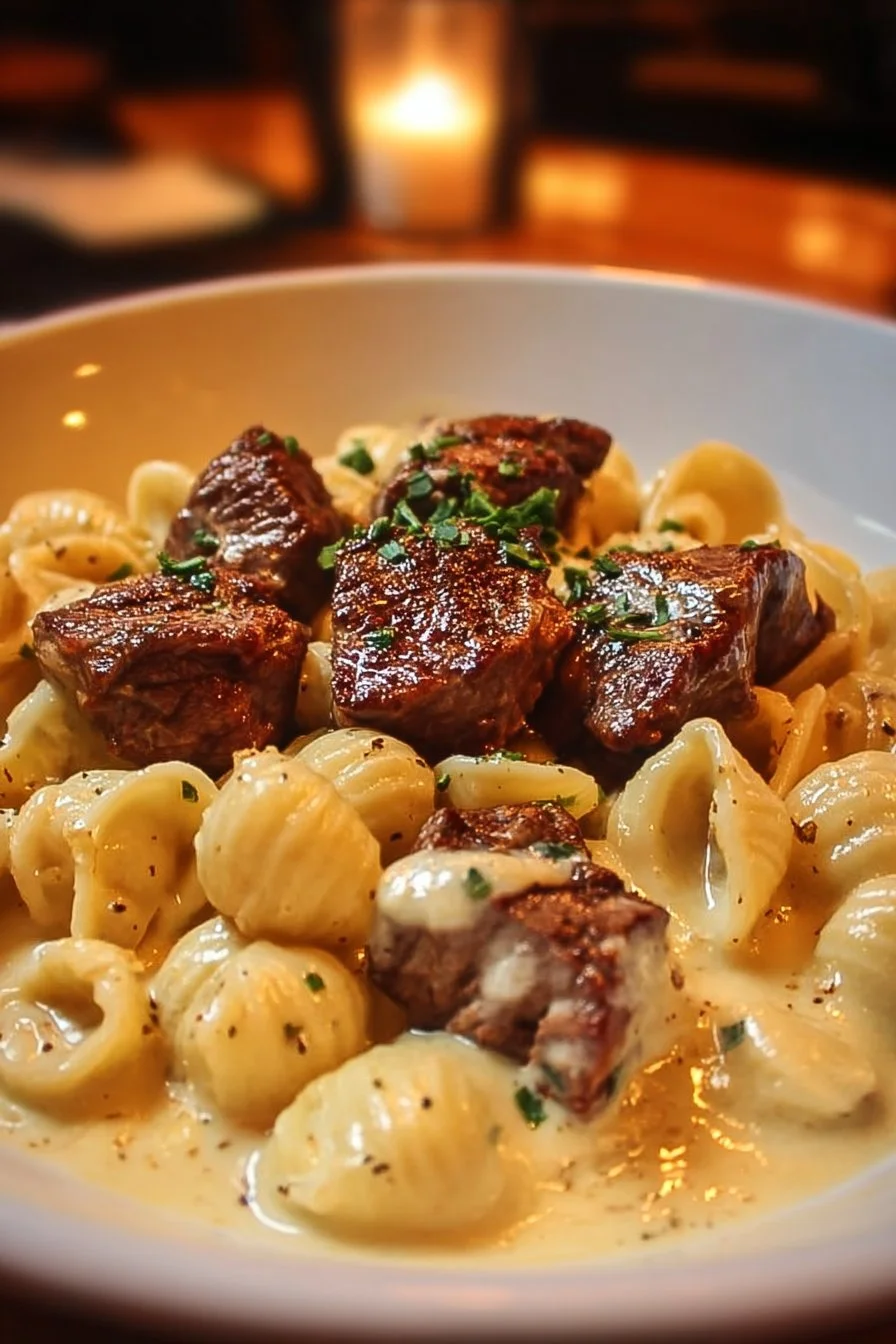 Garlic Butter Alfredo Steak Pasta