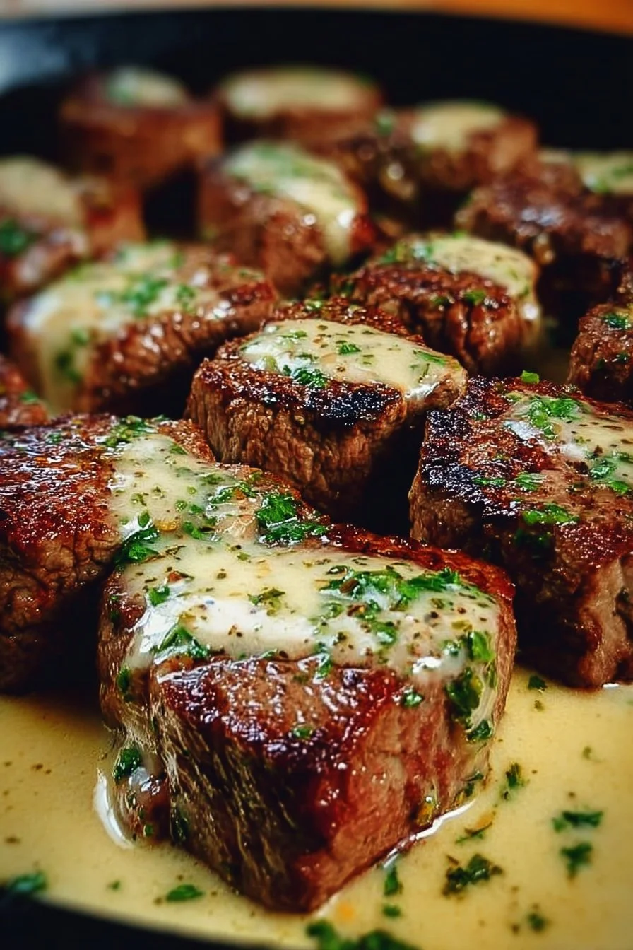 Golden-Seared Steak Bites with Garlic Butter and Parmesan Cream Sauce