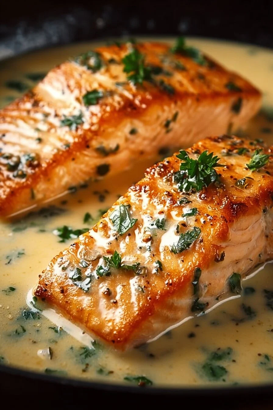 Indulgent Creamy Pan Seared Salmon with Lemon Garlic Sauce