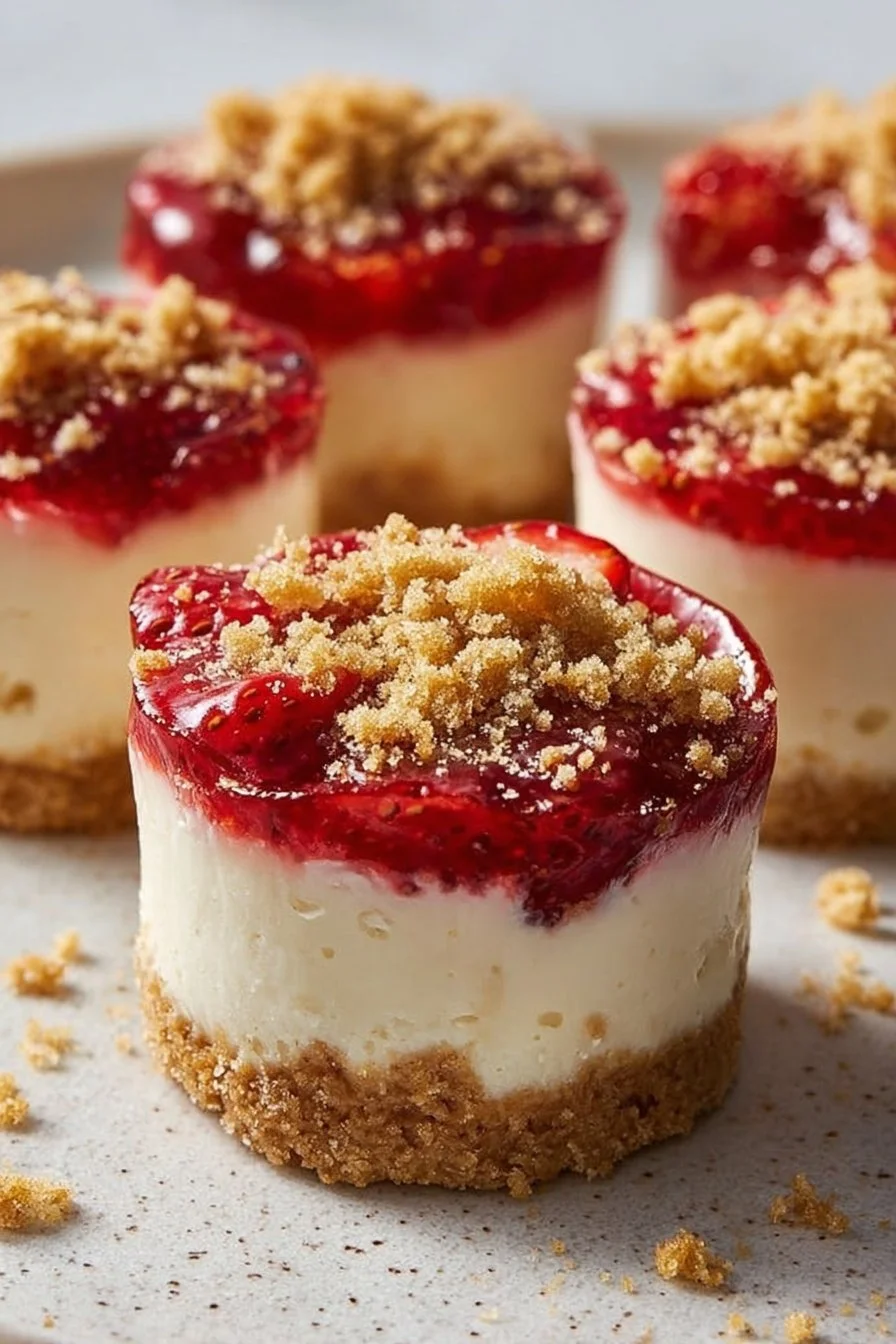 Mini Strawberry Crunch Cheesecake Bites with Golden Graham Cracker Crust and Fresh Strawberry Topping