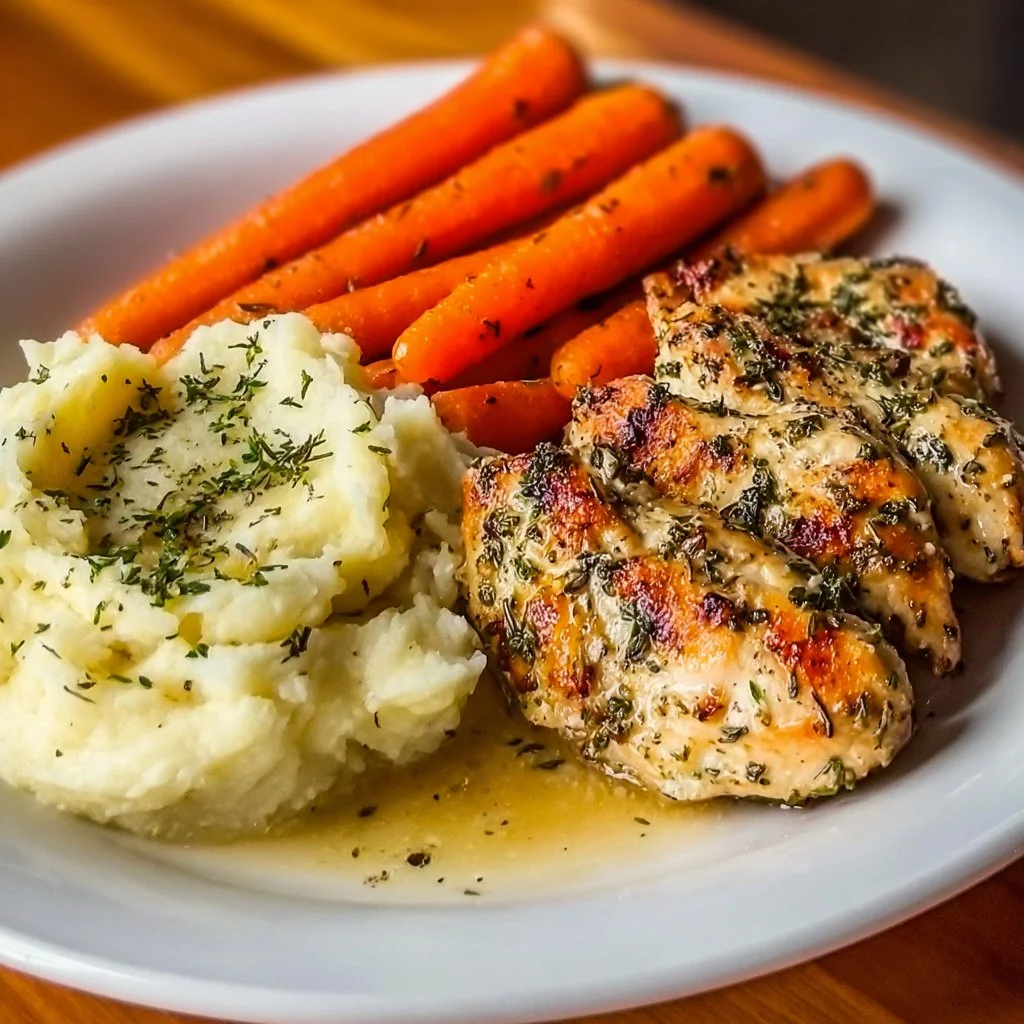 Garlic Herb Chicken with Creamy Mashed Potatoes and Glazed Carrots
