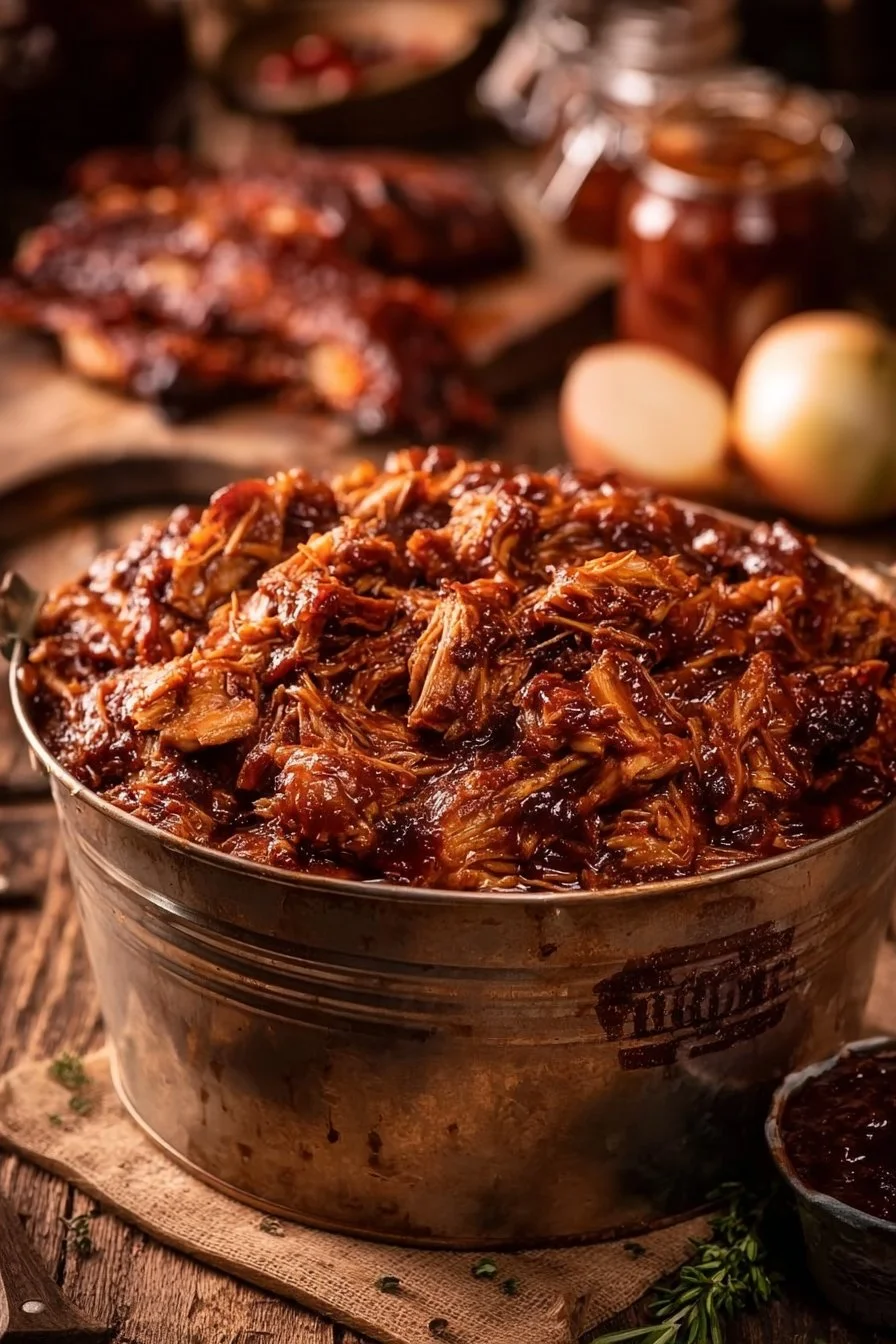 Crock Pot Apple Butter BBQ Pulled Chicken served on a plate with sides